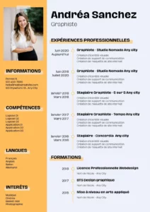 CV Suisse coloré d’Andréa Sanchez, graphiste, détaillant ses expériences professionnelles, ses compétences et ses formations.