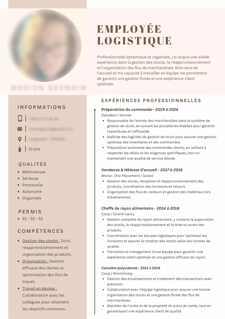 Variante du CV Suisse de Marion Germain, employée logistique, avec un design épuré et un descriptif détaillé de ses expériences.