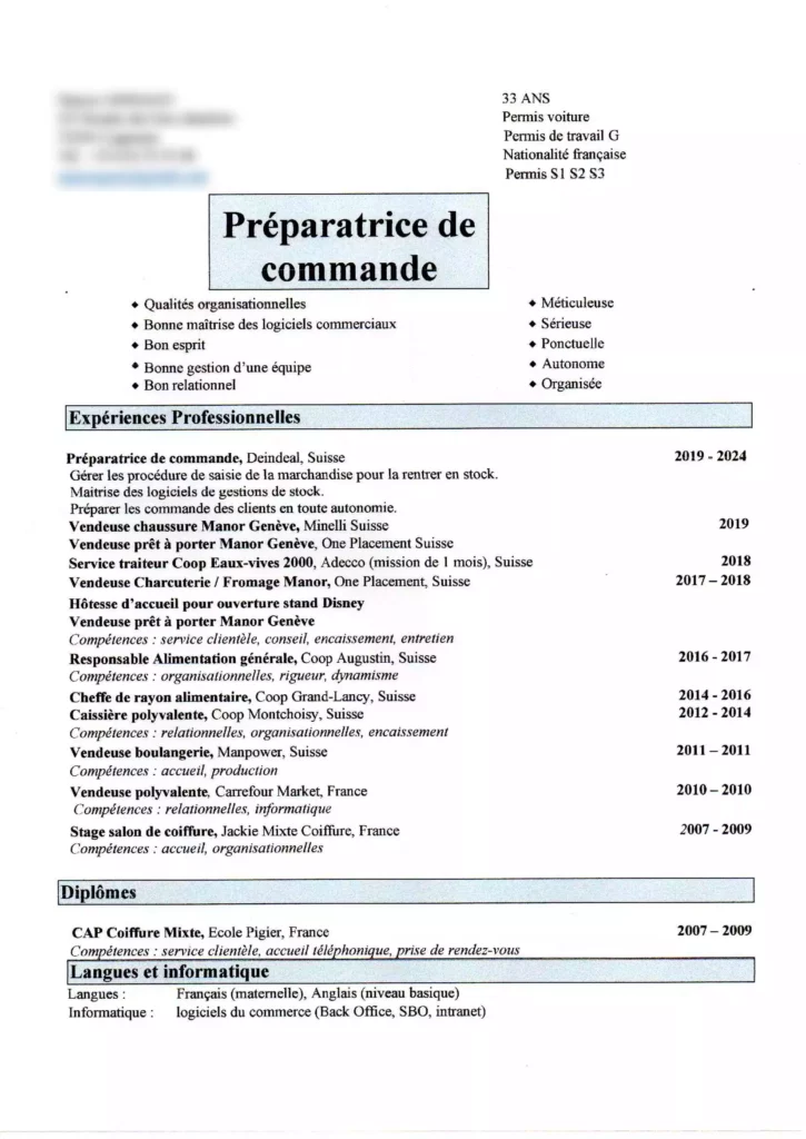 CV suisse de Marion Germain, employée logistique, présentant ses qualités, son expérience professionnelle et ses compétences.